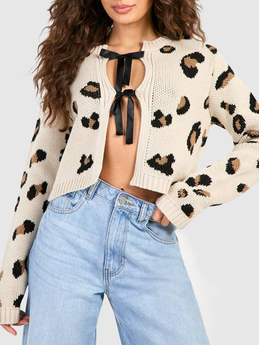 Tied Leopard Round Neck Cardigan - Trendy by Luna