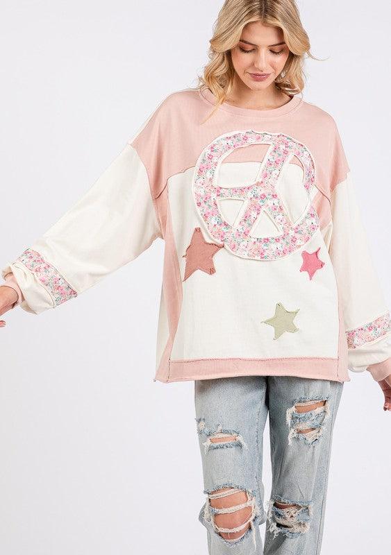 Peace & Star Patch Contrast Round Neck Sweatshirt - Trendy by Luna