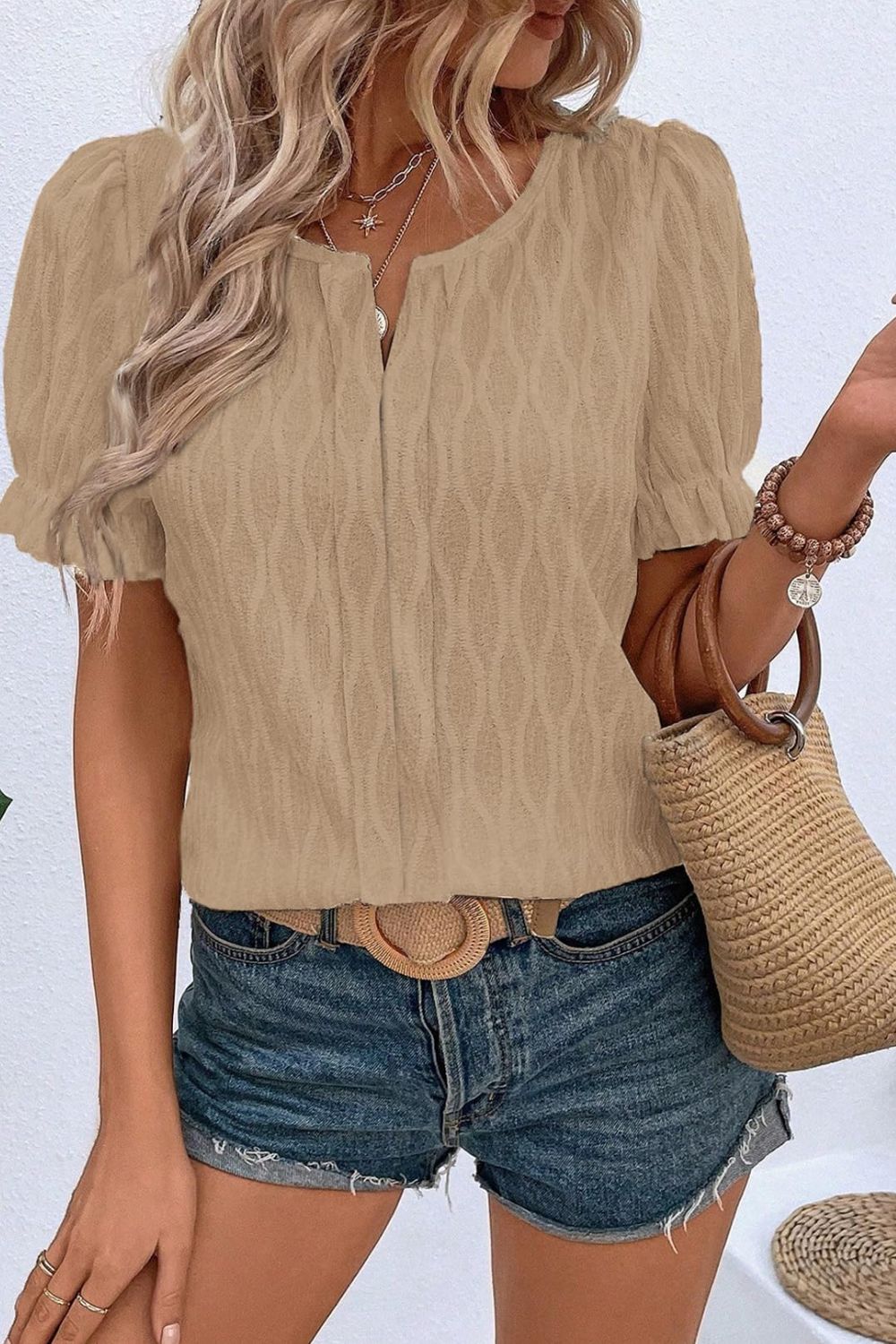 Texture Notched Short Sleeve Blouse