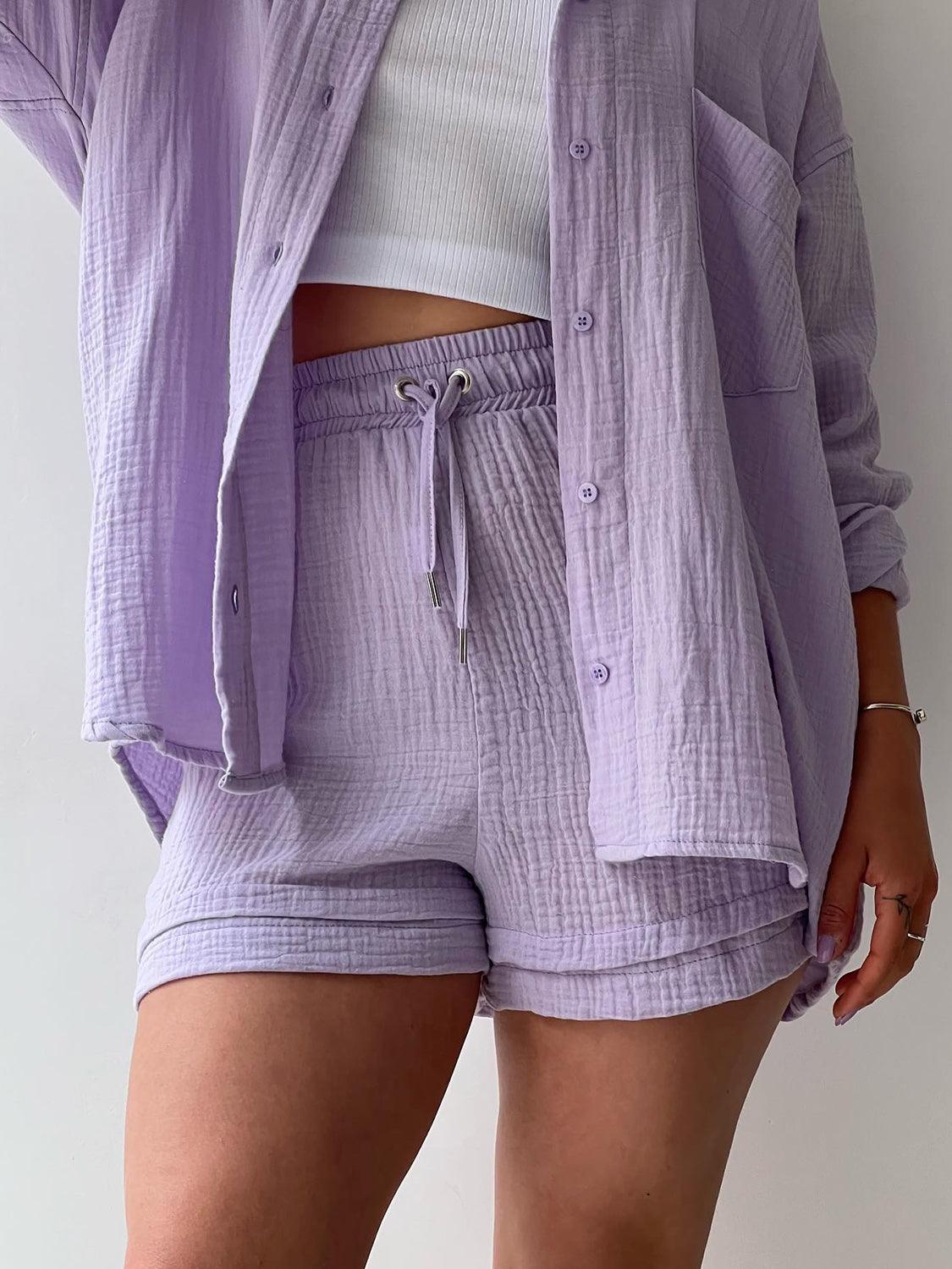 Texture Button Up Shirt and Drawstring Shorts Set - Trendy by Luna