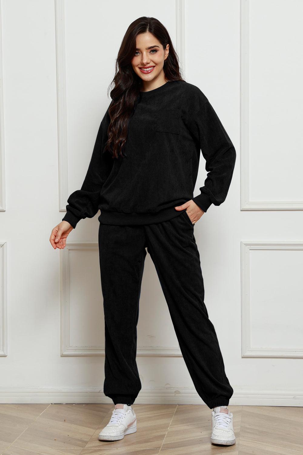 Corduroy Round Neck Sweatshirt and Sweatpants Set - Trendy by Luna