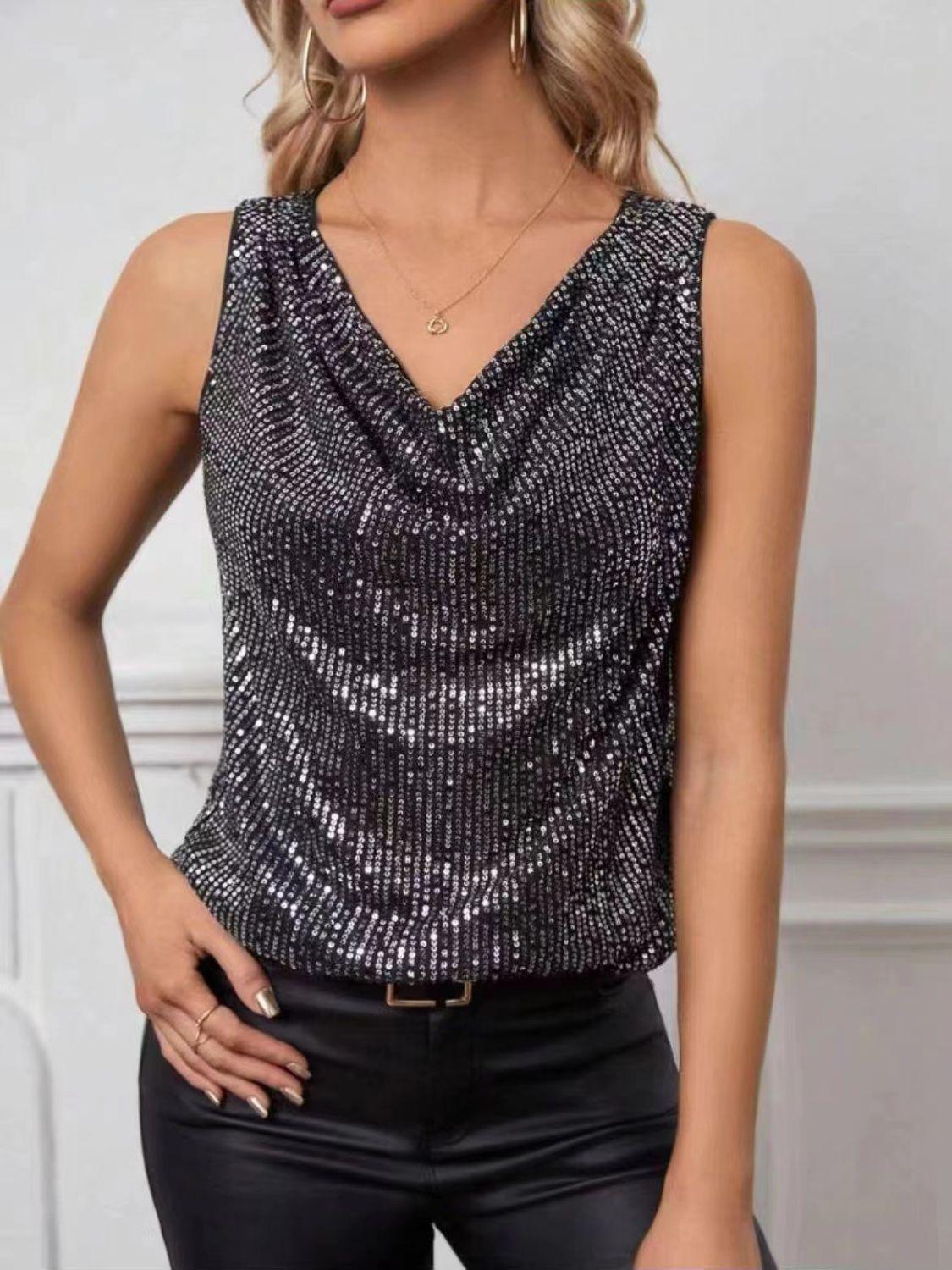 Sequin Cowl Neck Tank - Trendy by Luna