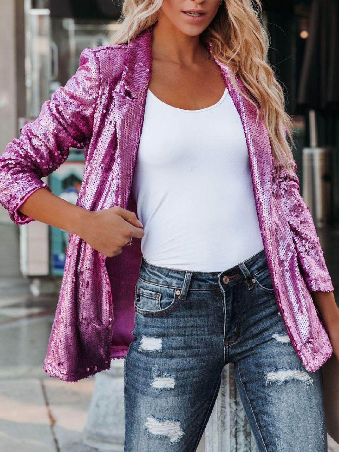 Sequin Lapel Collar Long Sleeve Blazer - Trendy by Luna