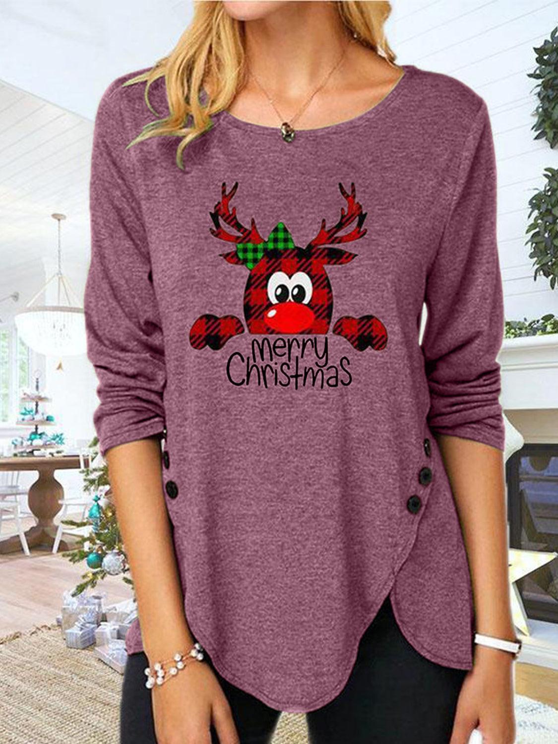 Full Size Reindeer Round Neck Long Sleeve T-Shirt - Trendy by Luna