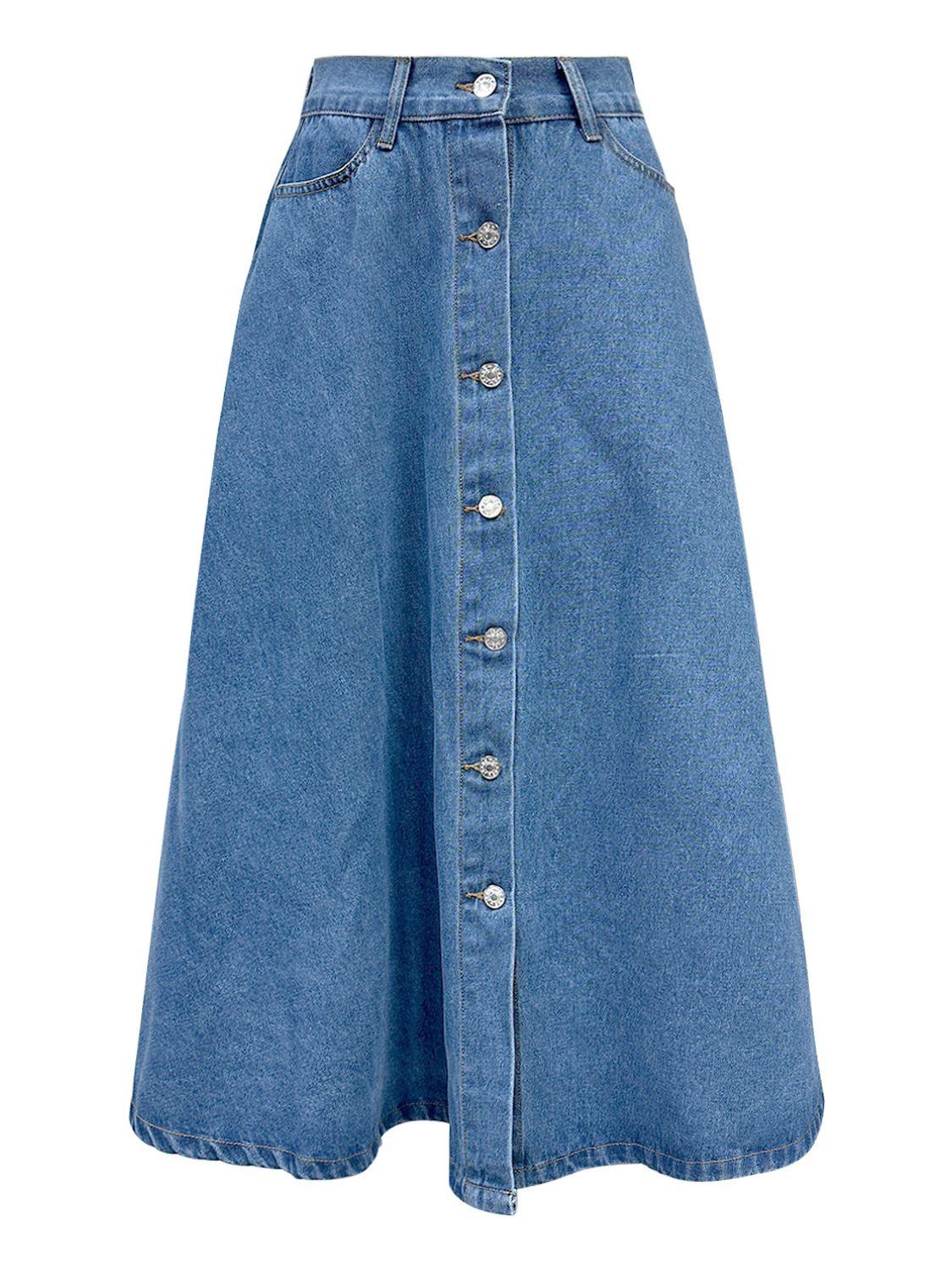 Buttoned Midi Denim Skirt with Pockets - Trendy by Luna