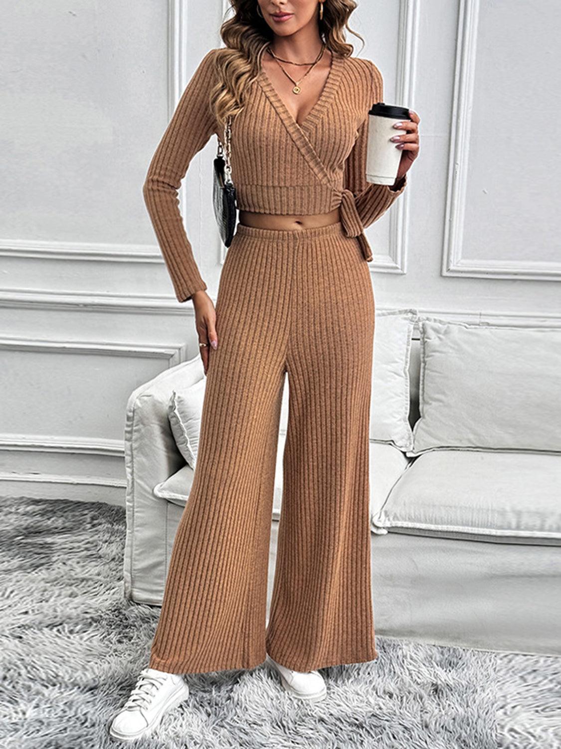 Perfee Surplice Long Sleeve Top and Pants Set - Trendy by Luna