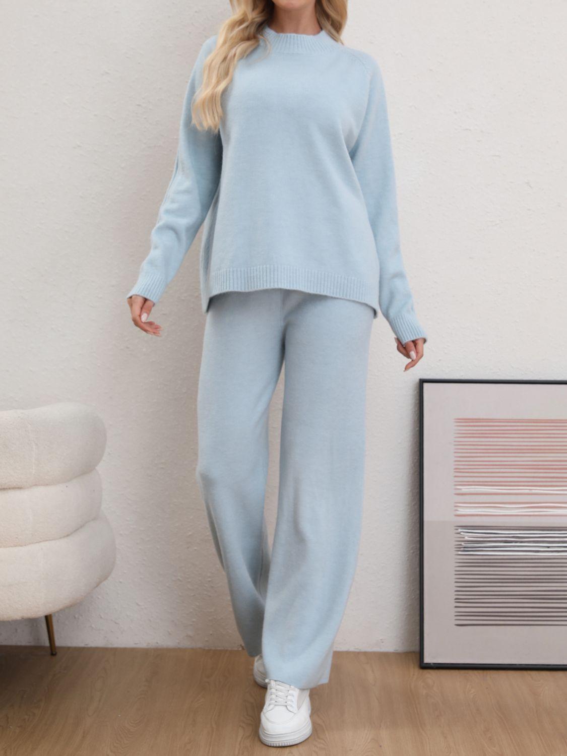 Mock Neck Long Sleeve Top and Pants Sweater Set - Trendy by Luna