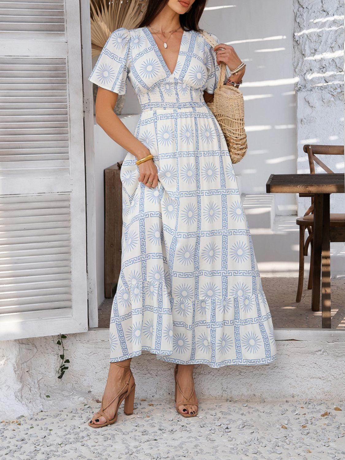 Smocked Printed V-Neck Short Sleeve Maxi Dress - Trendy by Luna