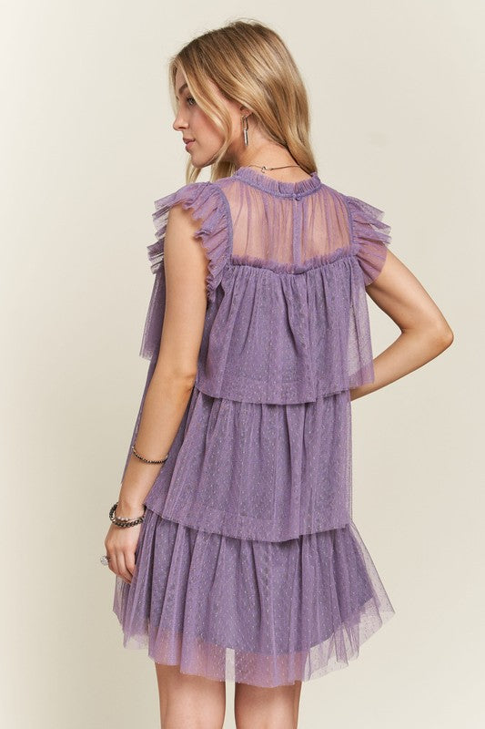 ADORA Layered Ruffled Cap Sleeve Mesh Dress