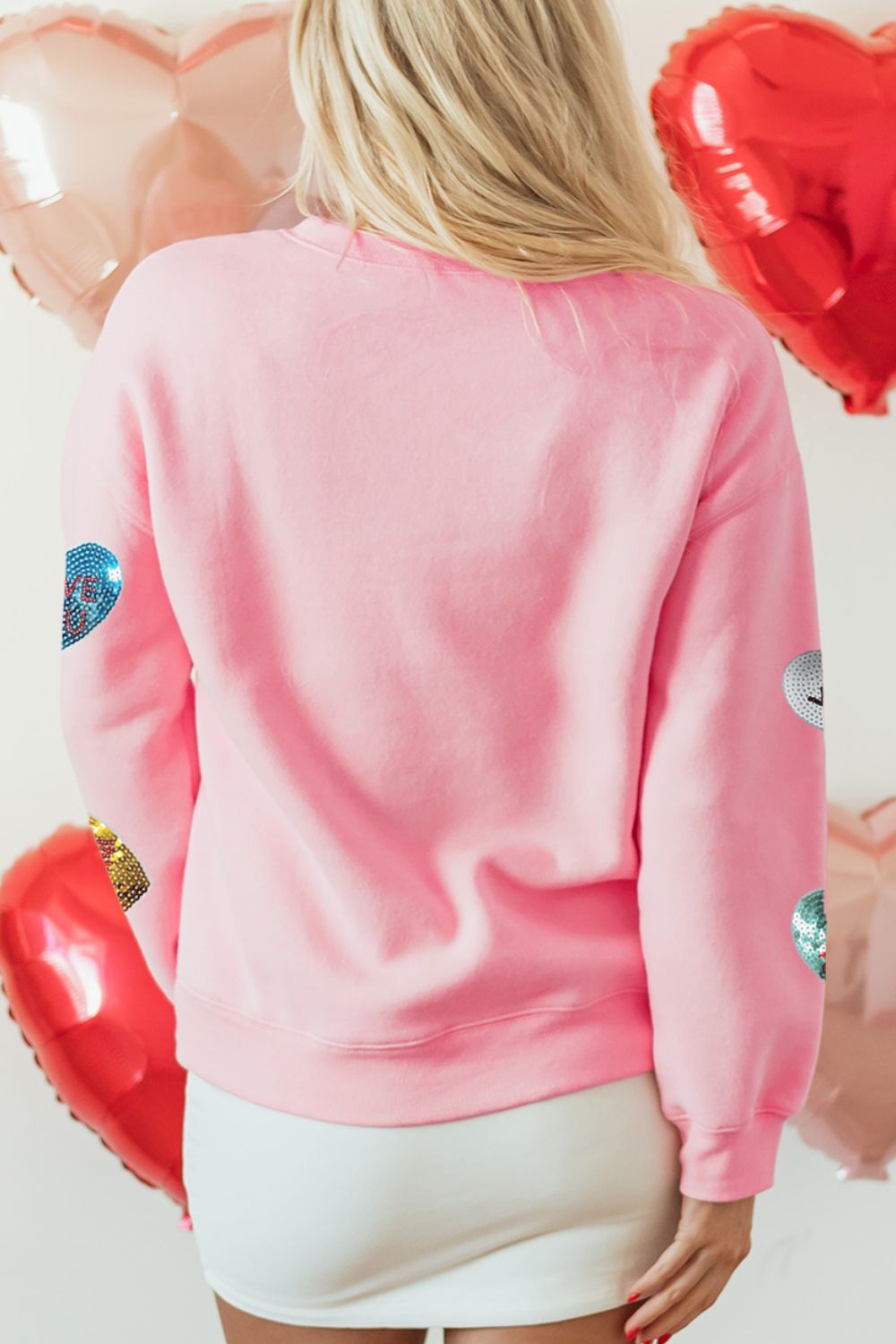 Valentine’s Day Sequin Heart Round Neck Long Sleeve Sweatshirt - Trendy by Luna