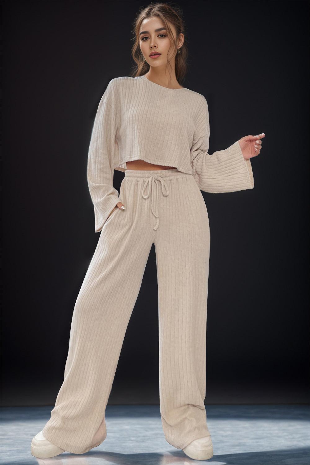 Round Neck Long Sleeve Top and Pants Set - Trendy by Luna