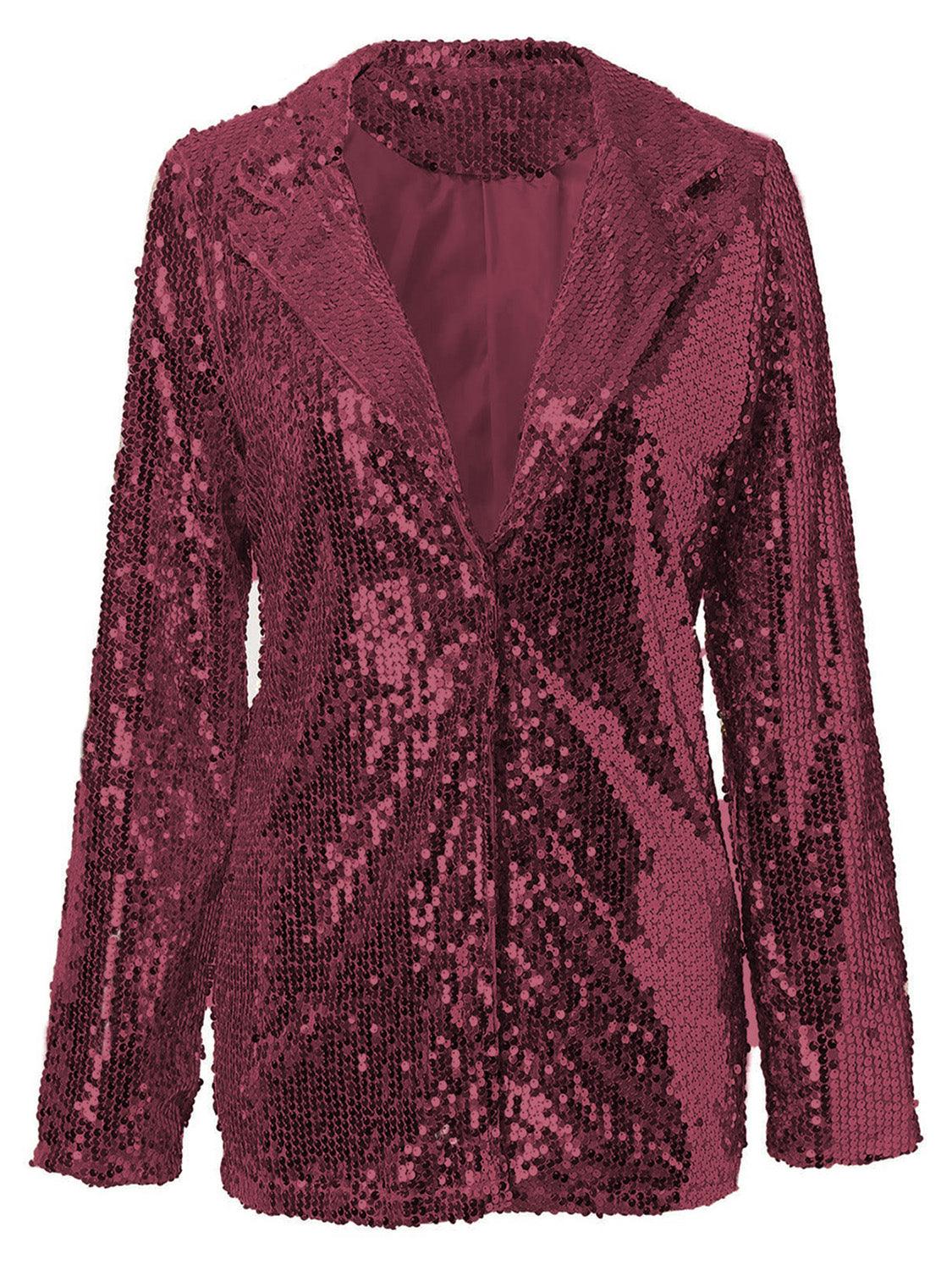 Sequin Lapel Collar Long Sleeve Blazer - Trendy by Luna