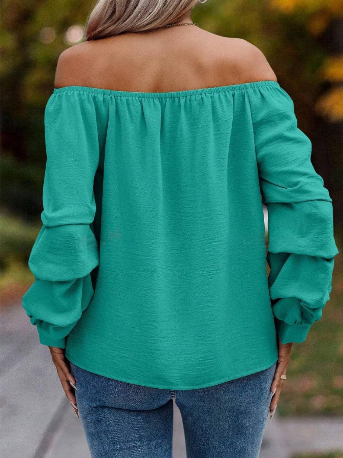 Ruched Off-Shoulder Long Sleeve Blouse - Trendy by Luna