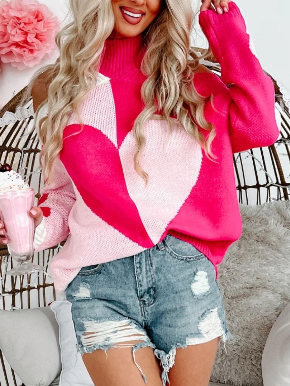 Valentine's Day Heart Turtleneck Cold Shoulder Sweater - Trendy by Luna