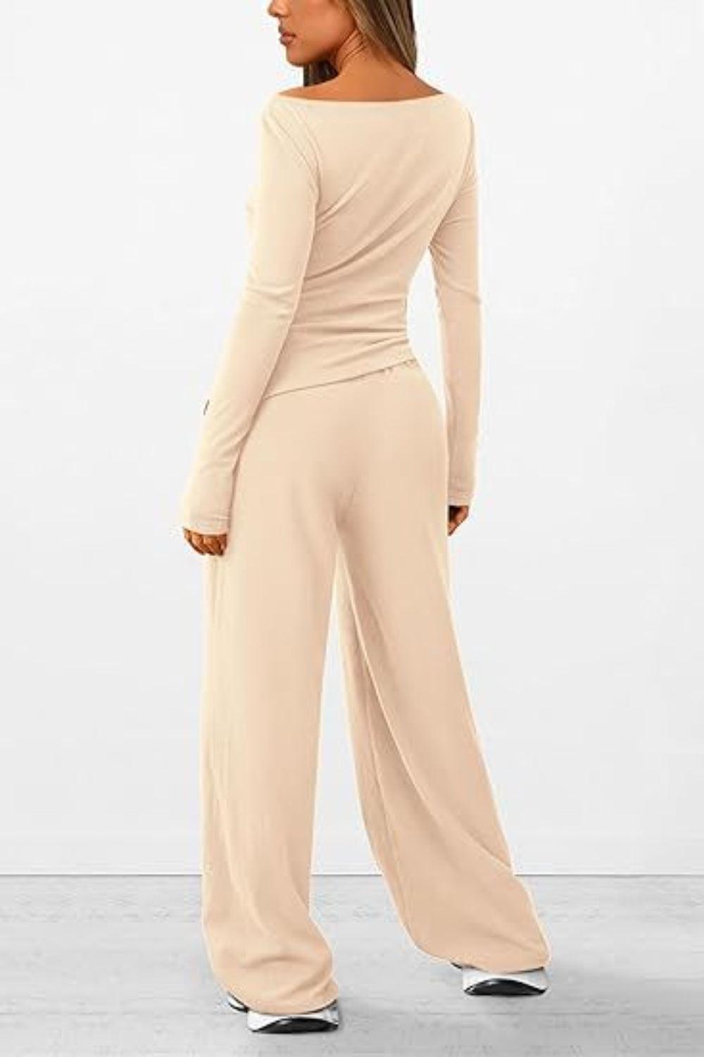 Round Neck Long Sleeve Top and Pants Set - Trendy by Luna