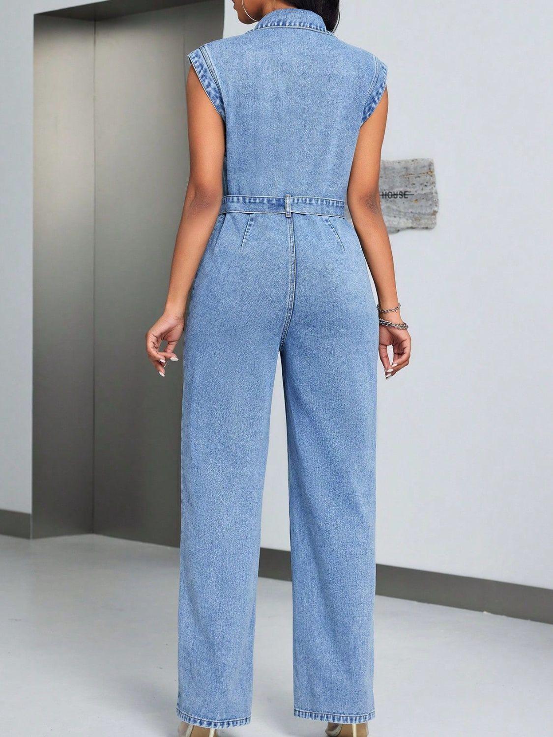 Tied Half Button Denim Jumpsuit with Pockets - Trendy by Luna