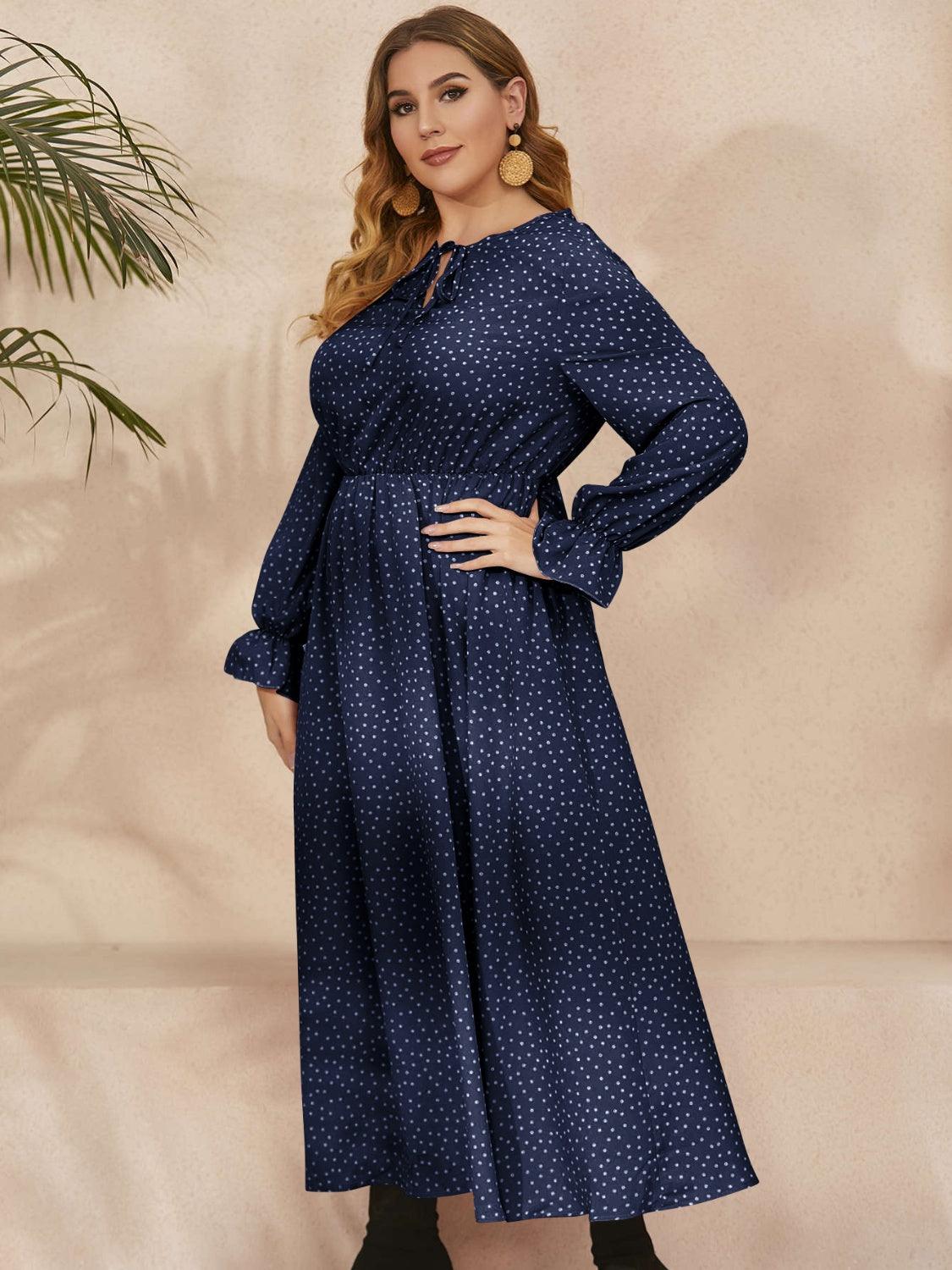 Honey Plus Size Ruffled Polka Dot Long Sleeve Midi Dress - Trendy by Luna