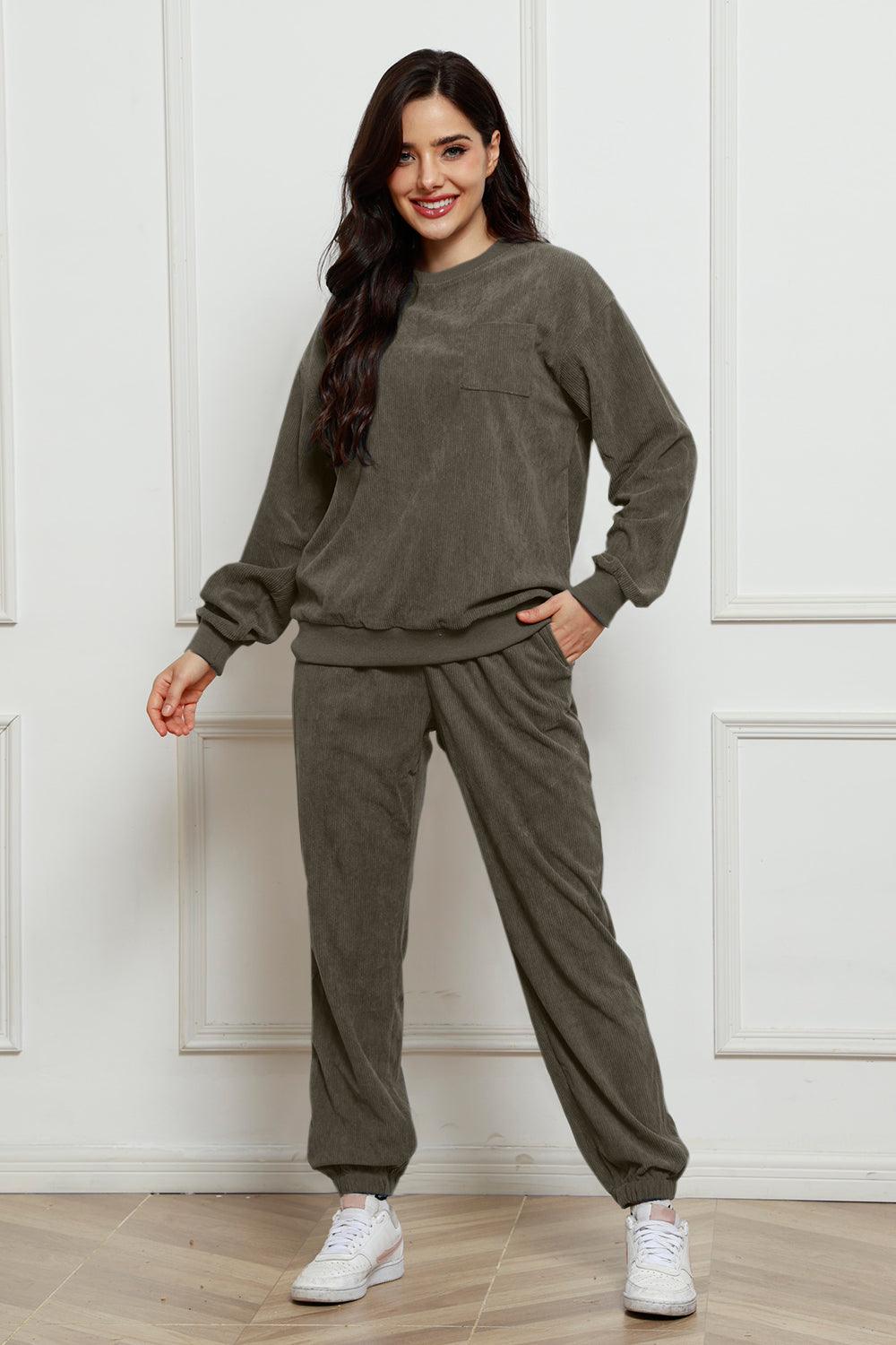 Corduroy Round Neck Sweatshirt and Sweatpants Set - Trendy by Luna