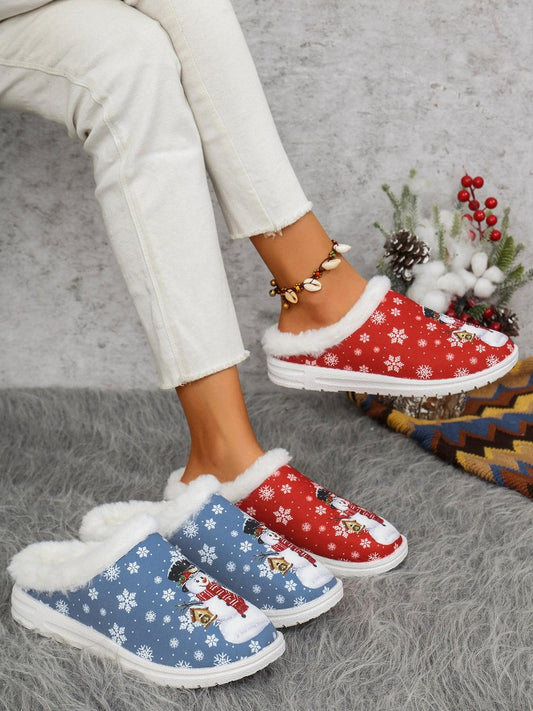 Snowman Print Flat Slippers with Faux Fur - Trendy by Luna