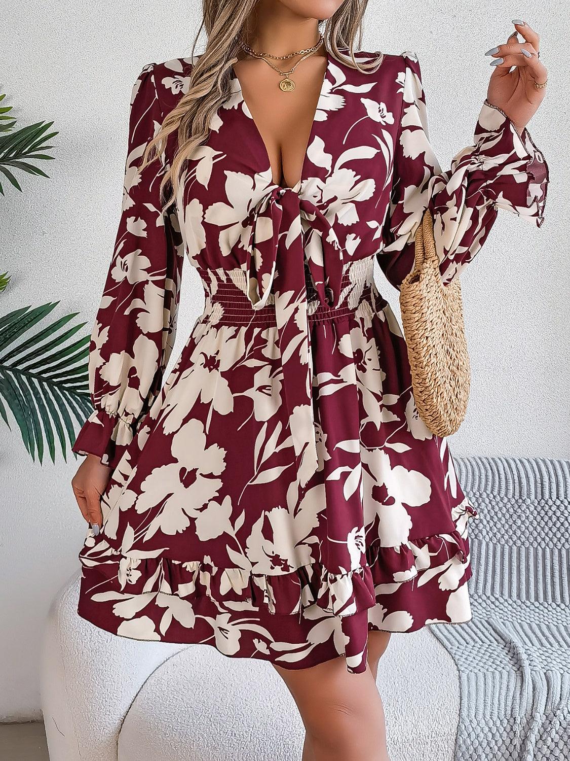 Tied Ruffled Printed Long Sleeve Dress - Trendy by Luna