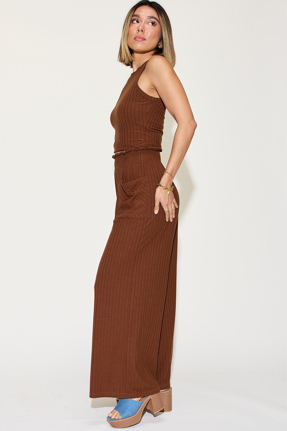 Full Size Ribbed Tank and Wide Leg Pants Set - Trendy by Luna