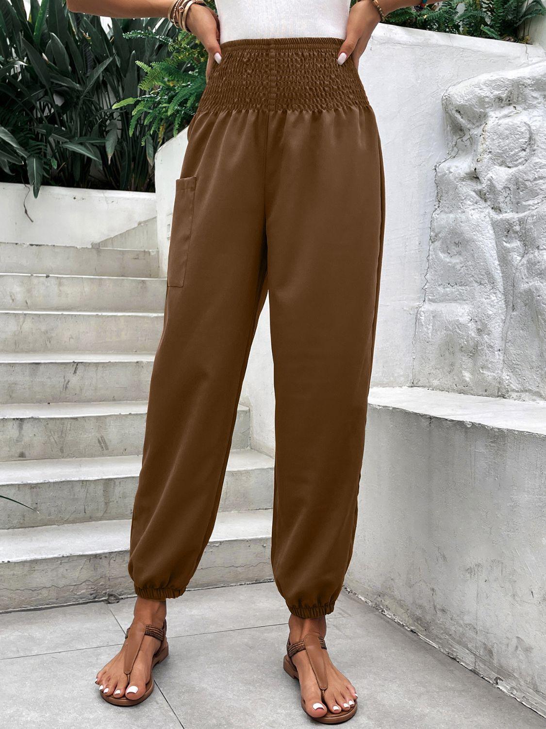 Smocked High Rise Joggers with Pockets - Trendy by Luna