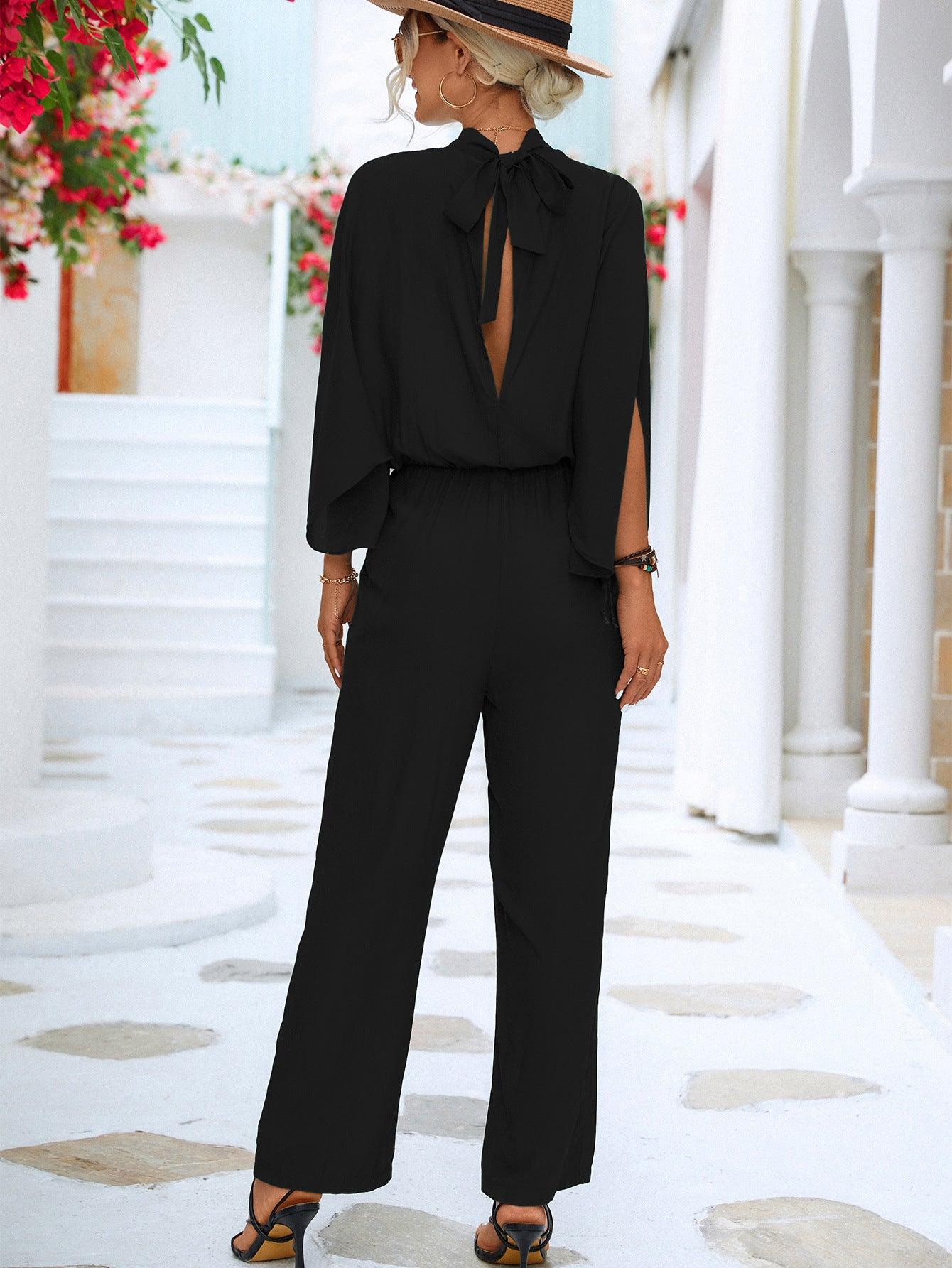 Tie Back Mock Neck Split Sleeve Jumpsuit - Trendy by Luna