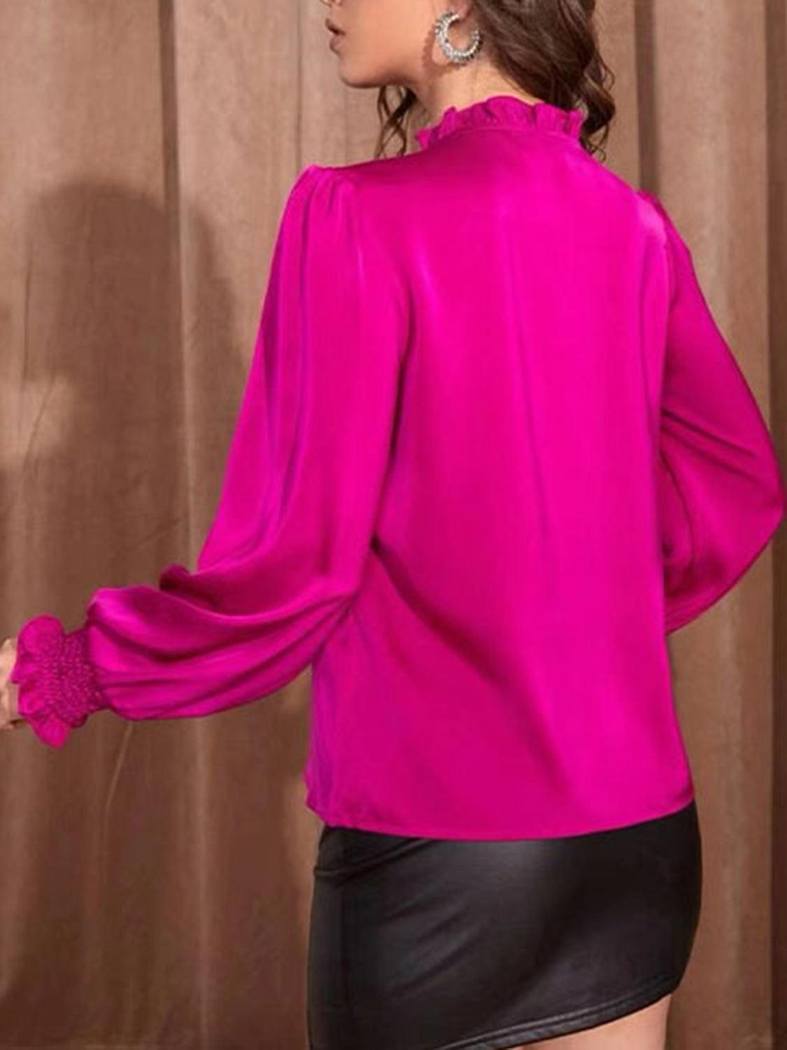 Frill Tied Lantern Sleeve Blouse - Trendy by Luna