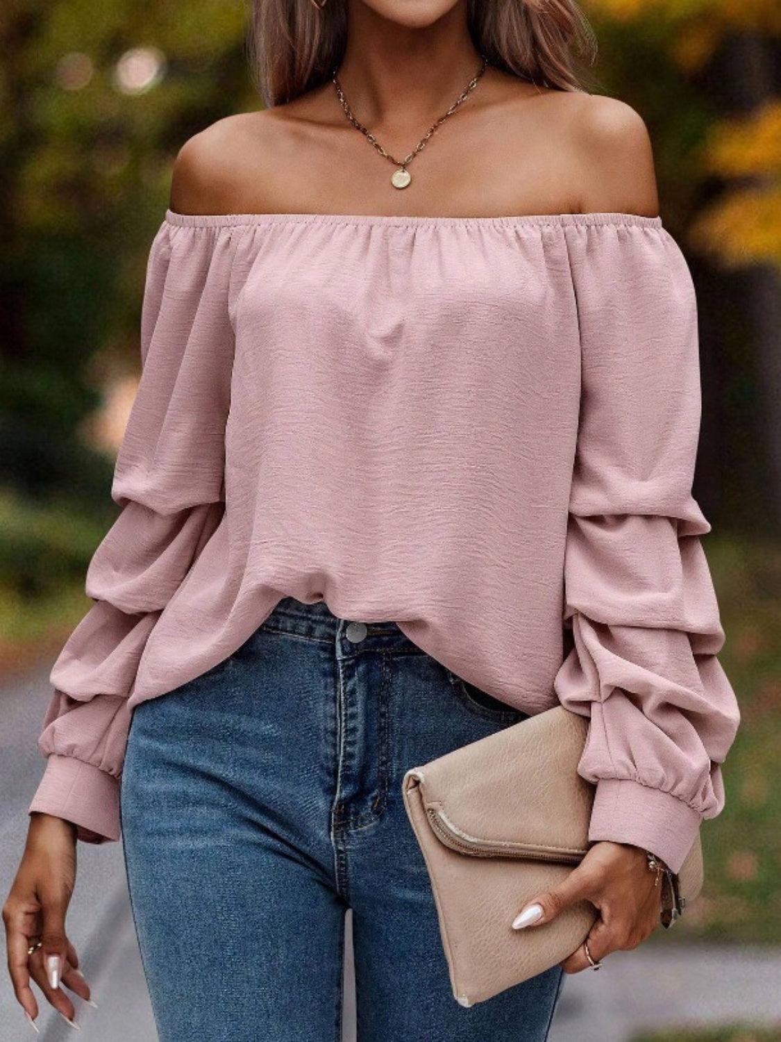 Ruched Off-Shoulder Long Sleeve Blouse - Trendy by Luna