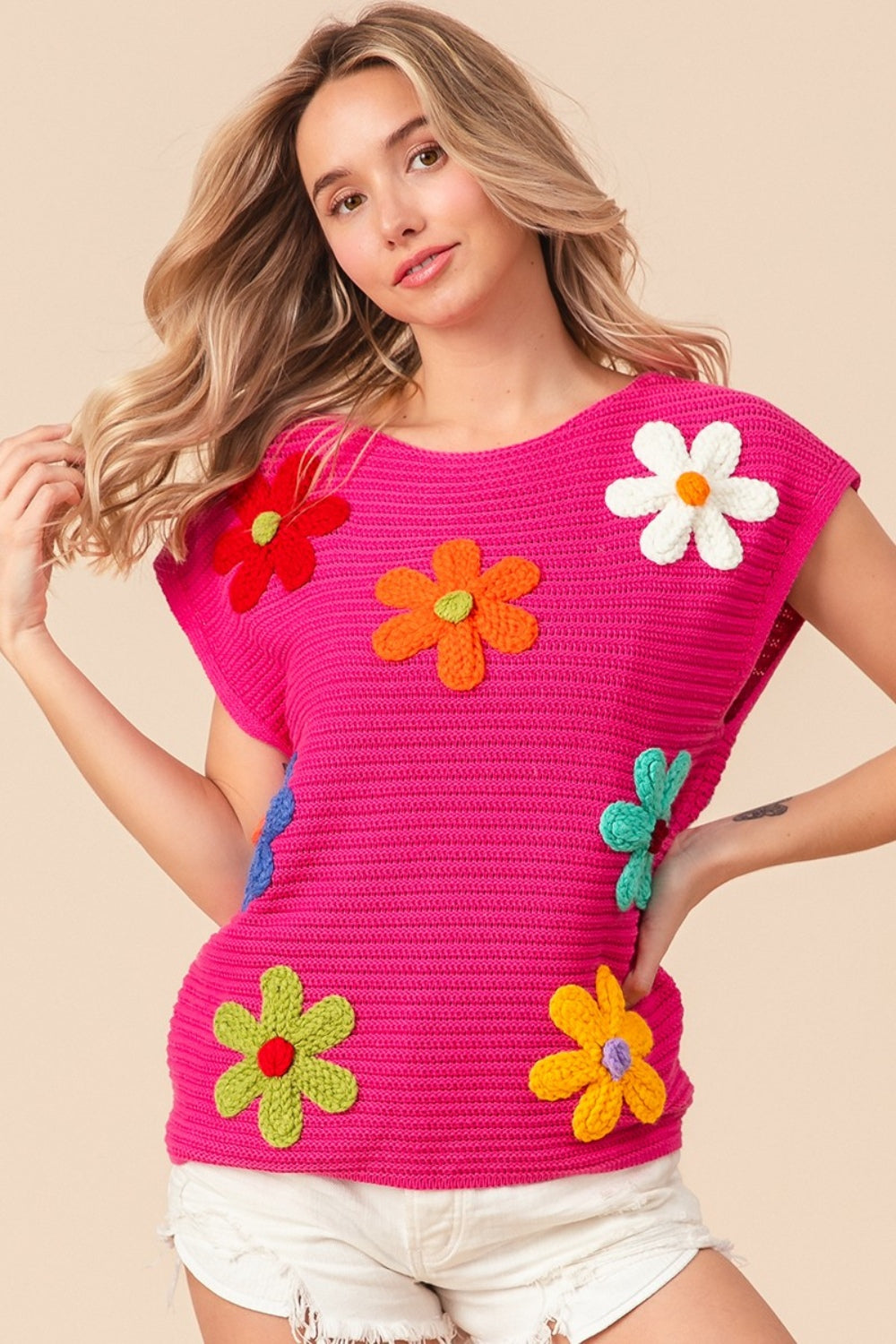 BiBi Flower Round Neck Cap Sleeve Knit Top - Trendy by Luna