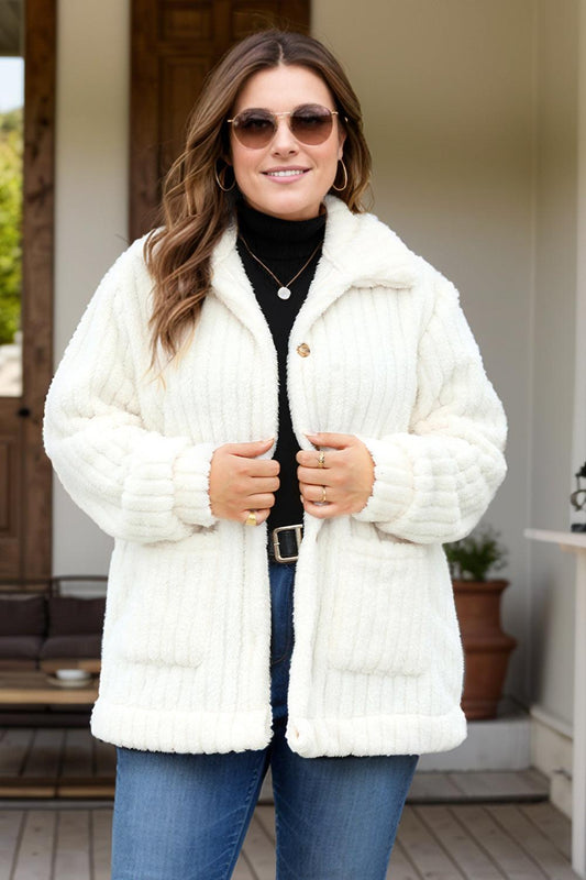 Plus Size Collared Neck Button Down Fuzzy Outerwear - Trendy by Luna