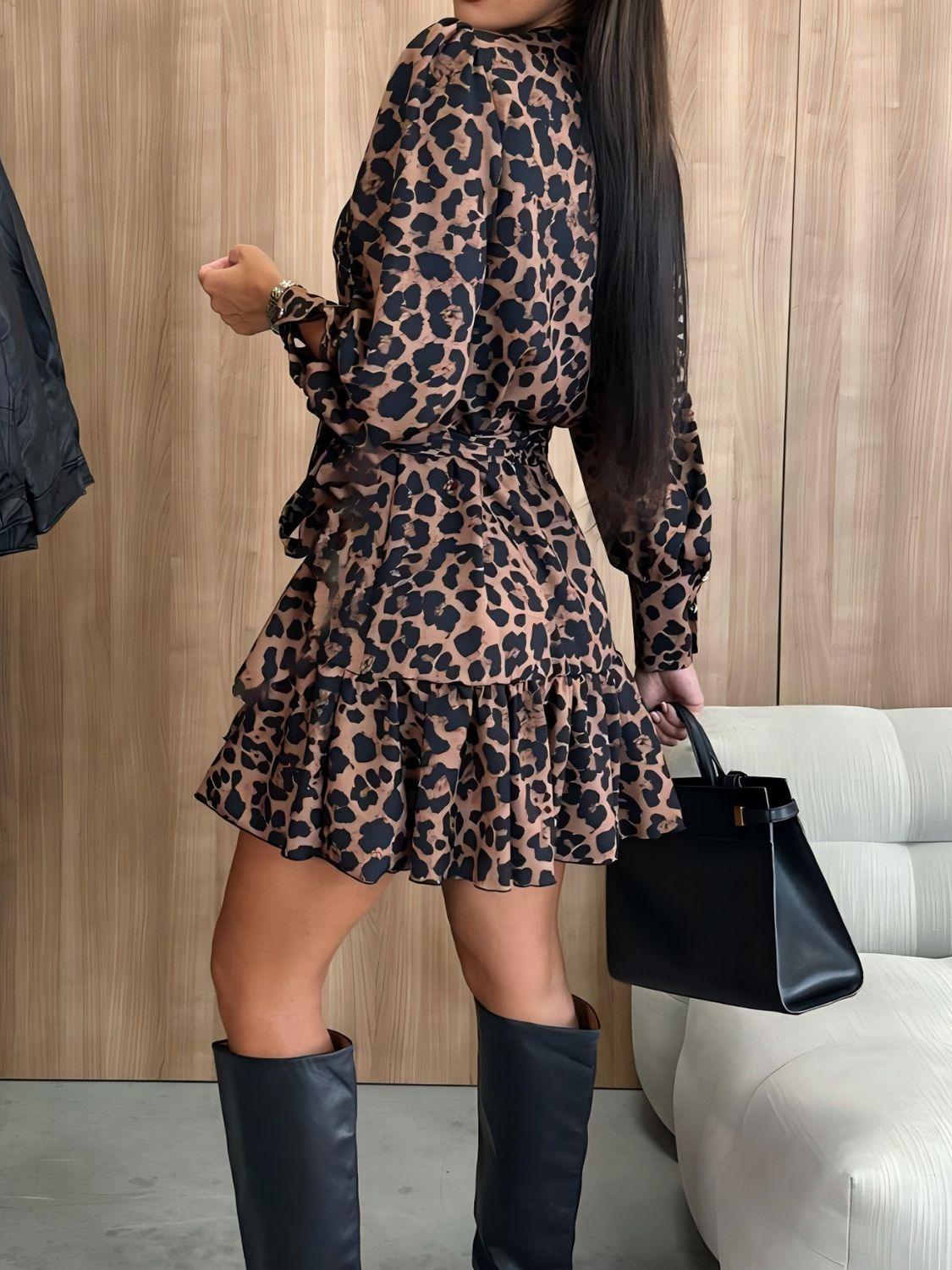 Tied Leopard Surplice Long Sleeve Dress - Trendy by Luna