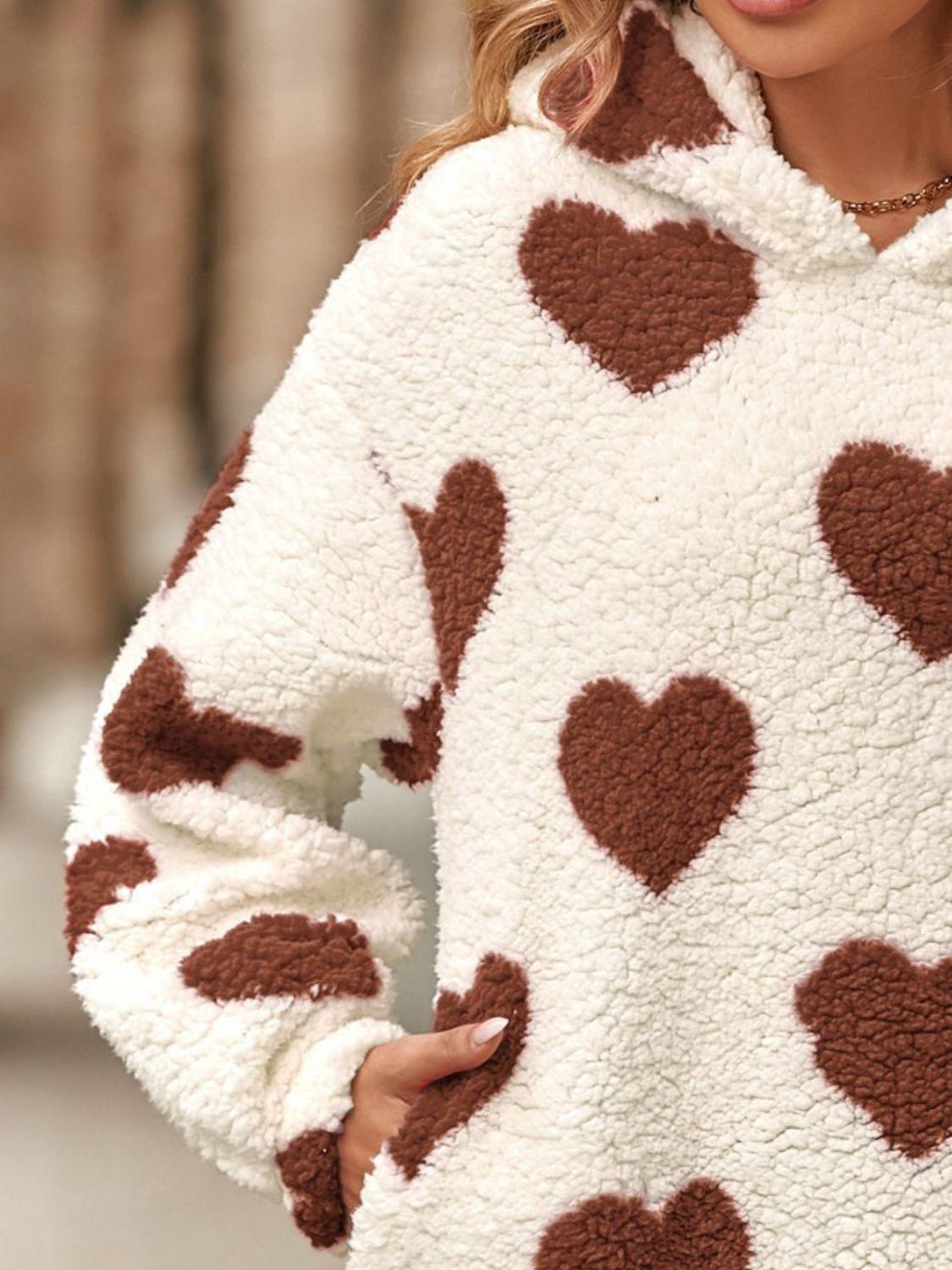 Fuzzy Heart Pocketed Dropped Shoulder Hoodie - Trendy by Luna