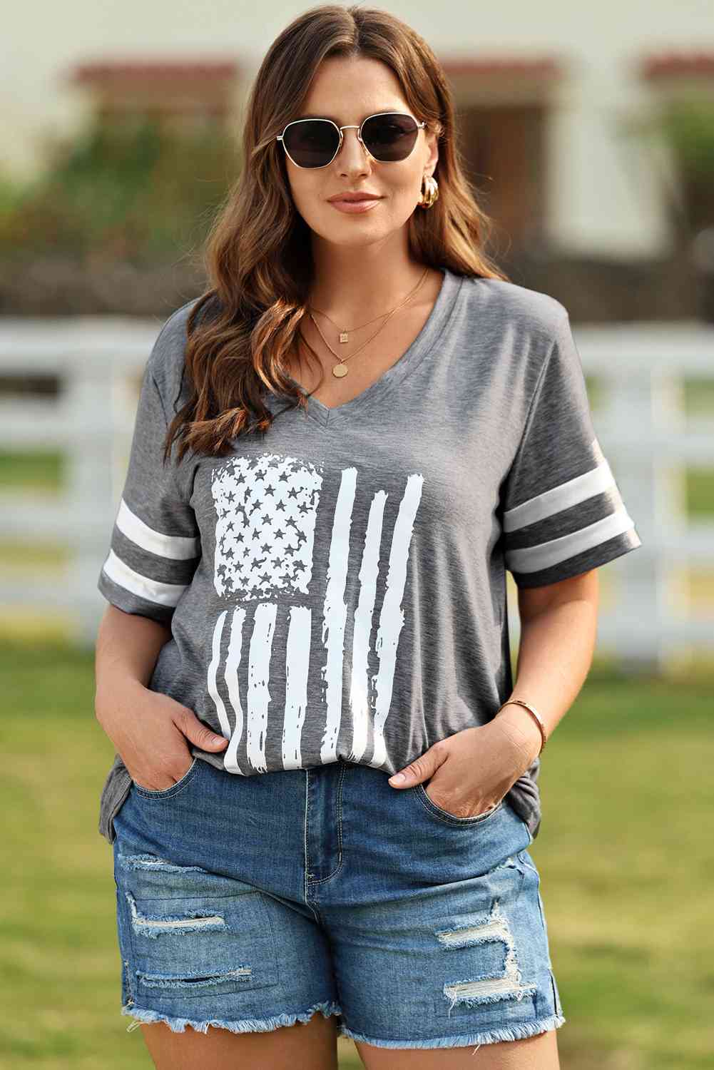 Plus Size US Flag Graphic V-Neck Tee - Trendy by Luna