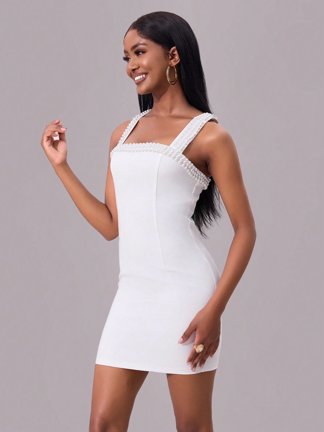 Pearl Detail Square Neck Wide Strap Mini Dress