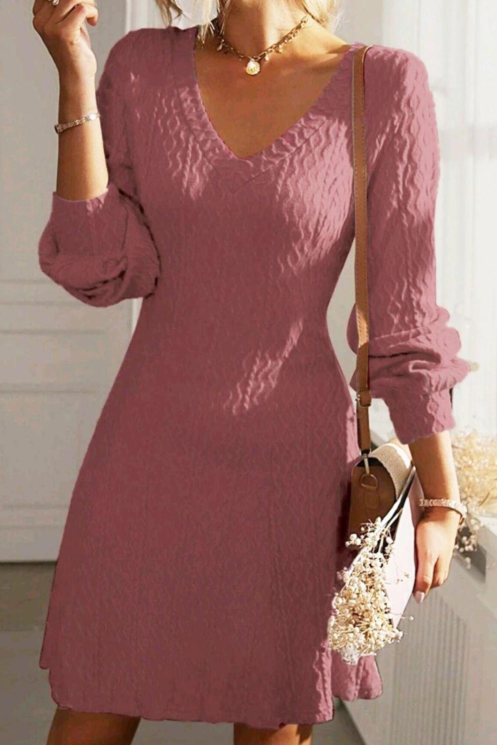 Texture V-Neck Long Sleeve Dress - Trendy by Luna