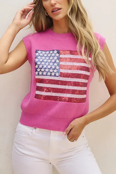 Sequin US Flag Round Neck Sweater Vest - Trendy by Luna