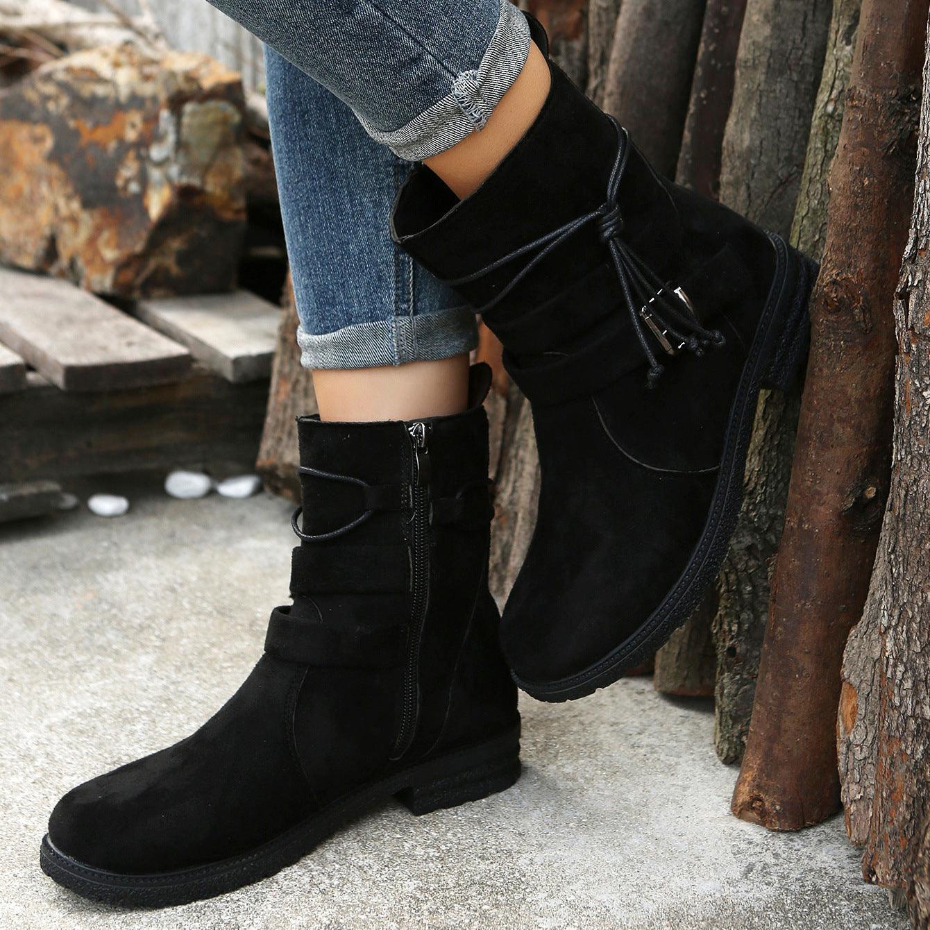 Suede Side Zip Round Toe Boots - Trendy by Luna