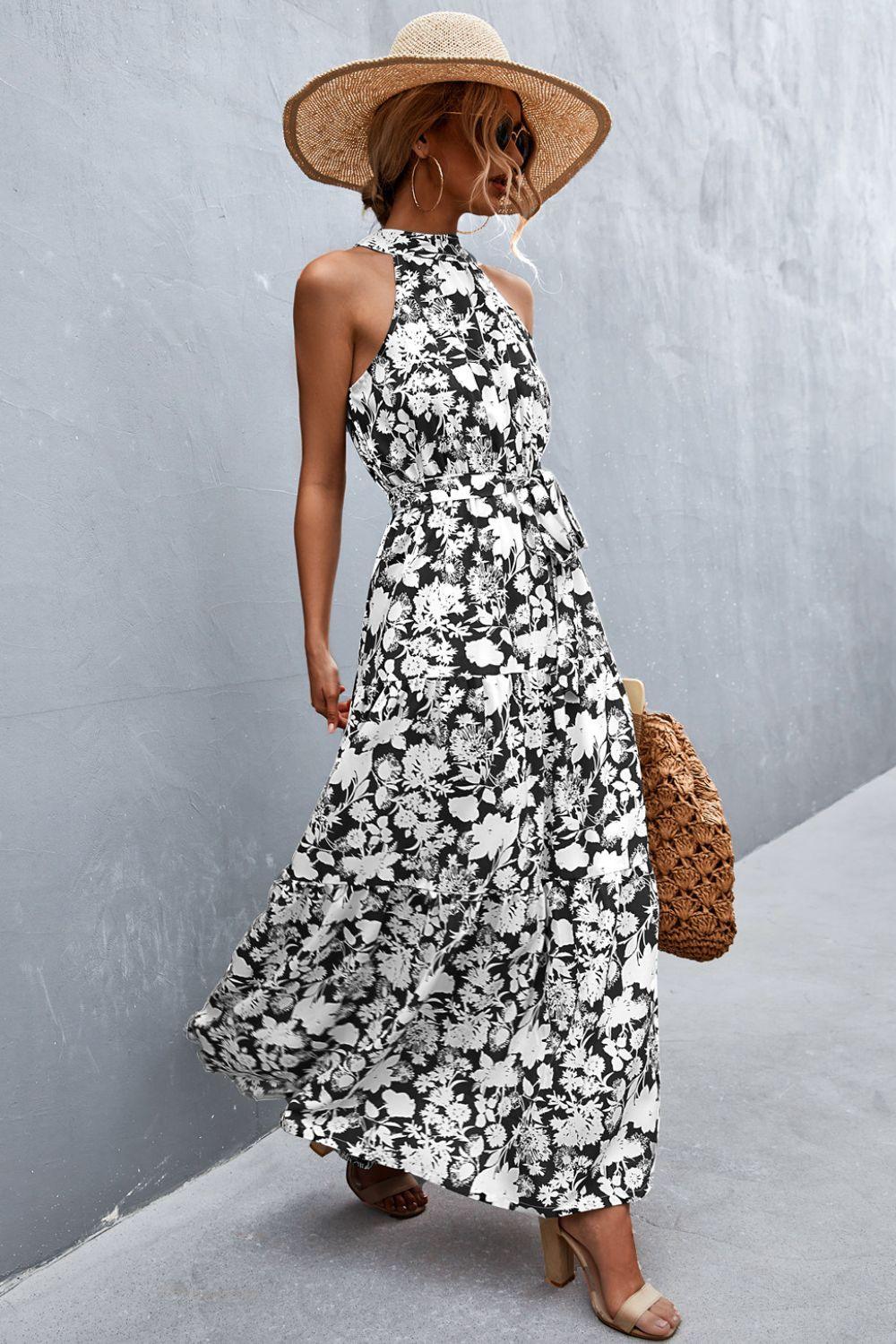 Printed Sleeveless Tie Waist Maxi Dress - Trendy by Luna