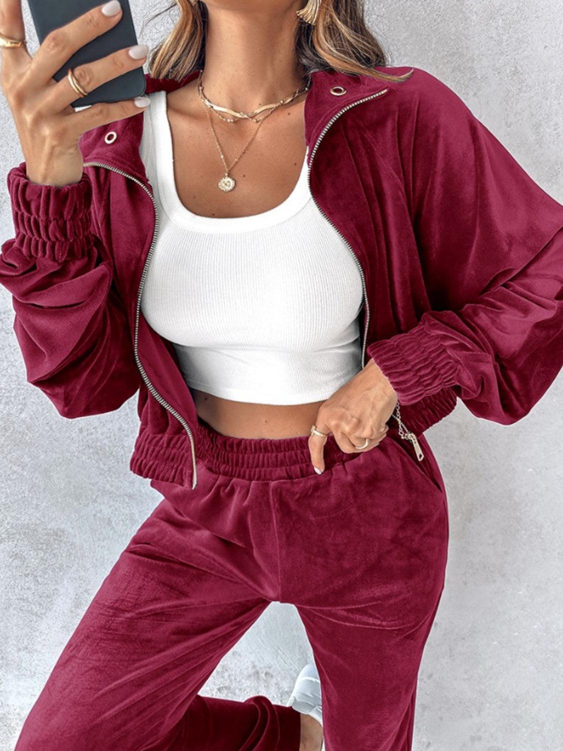 Zip Up Long Sleeve Cropped Top and Joggers Set - Trendy by Luna