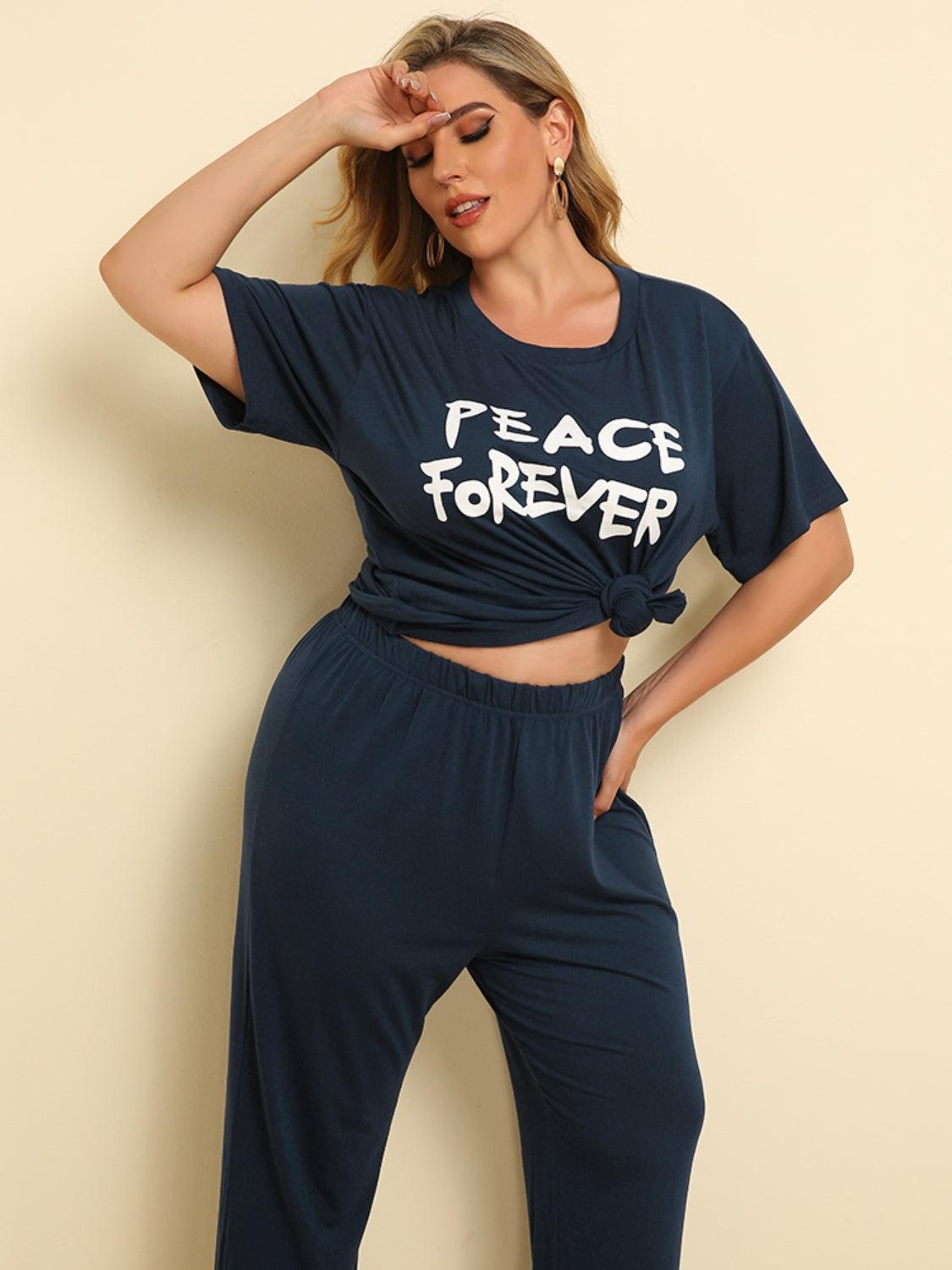 Plus Size PEACE FOREVER Short Sleeve Top and Pants Set - Trendy by Luna