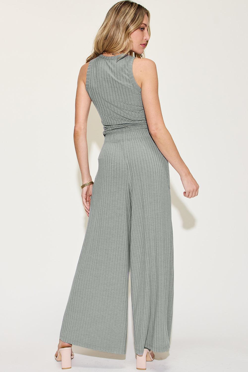 Full Size Ribbed Tank and Wide Leg Pants Set - Trendy by Luna