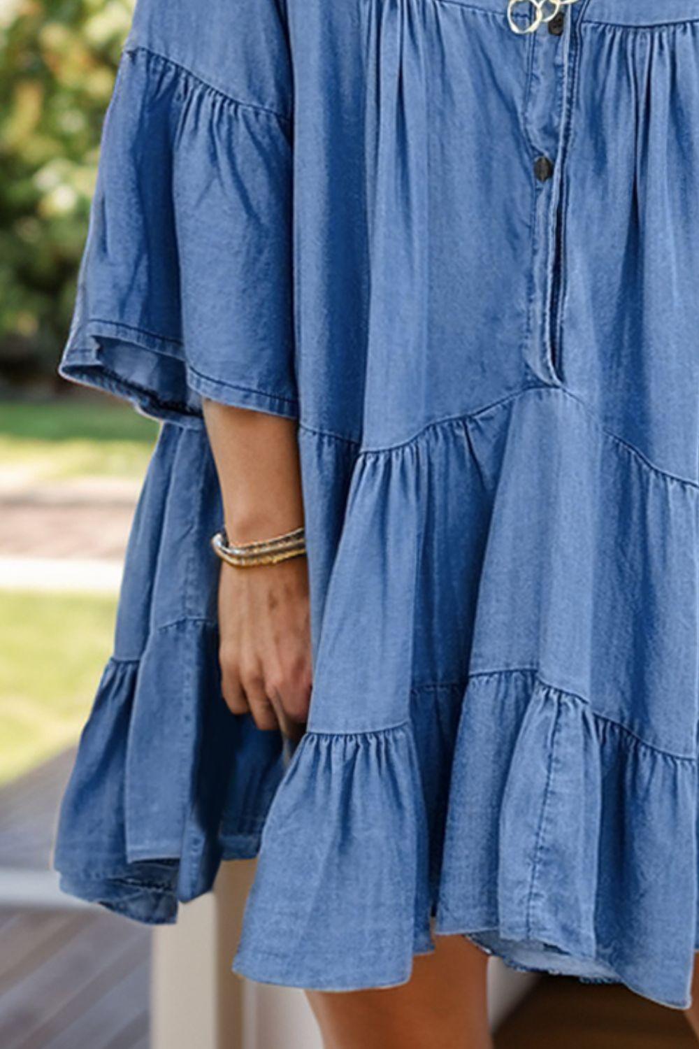 Notched Flare Sleeve Denim Dress - Trendy by Luna