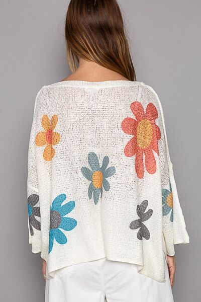 Flower Dropped Shoulder Long Sleeve Knit Top - Trendy by Luna