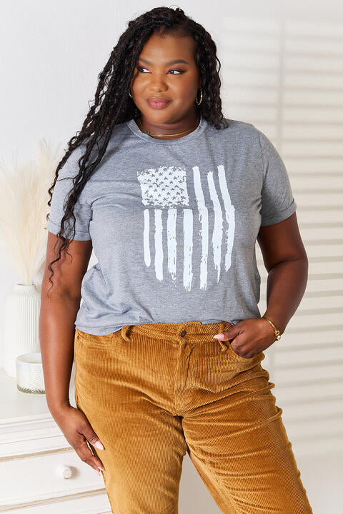 Simply Love US Flag Graphic Cuffed Sleeve T-Shirt - Trendy by Luna