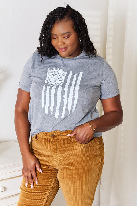 Simply Love US Flag Graphic Cuffed Sleeve T-Shirt - Trendy by Luna