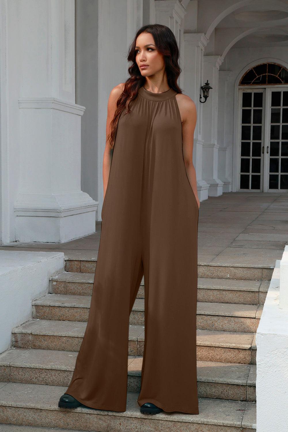 Double Take Full Size Tie Back Cutout Sleeveless Jumpsuit - Trendy by Luna