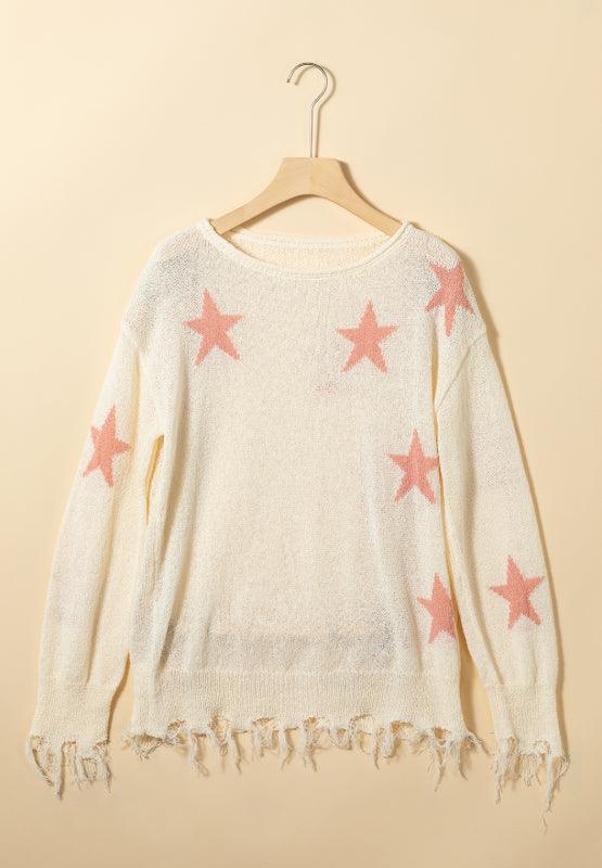 Contrast Star Raw Hem Long Sleeve Knit Top - Trendy by Luna