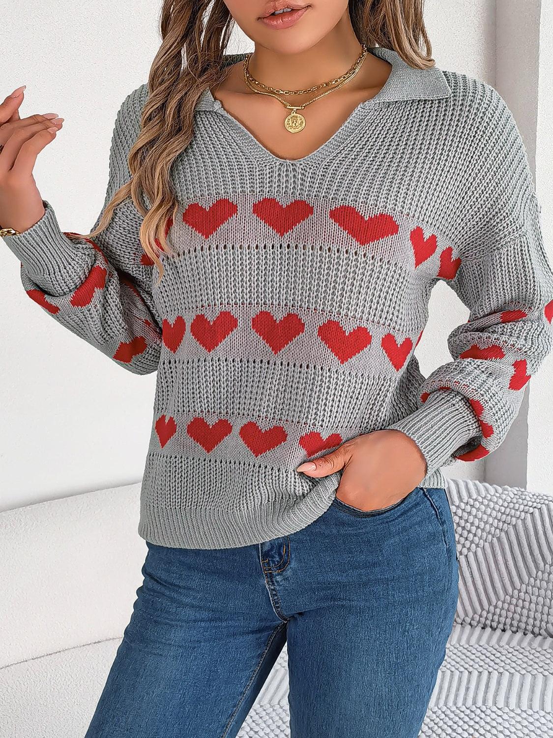 Heart Johnny Collar Long Sleeve Sweater - Trendy by Luna