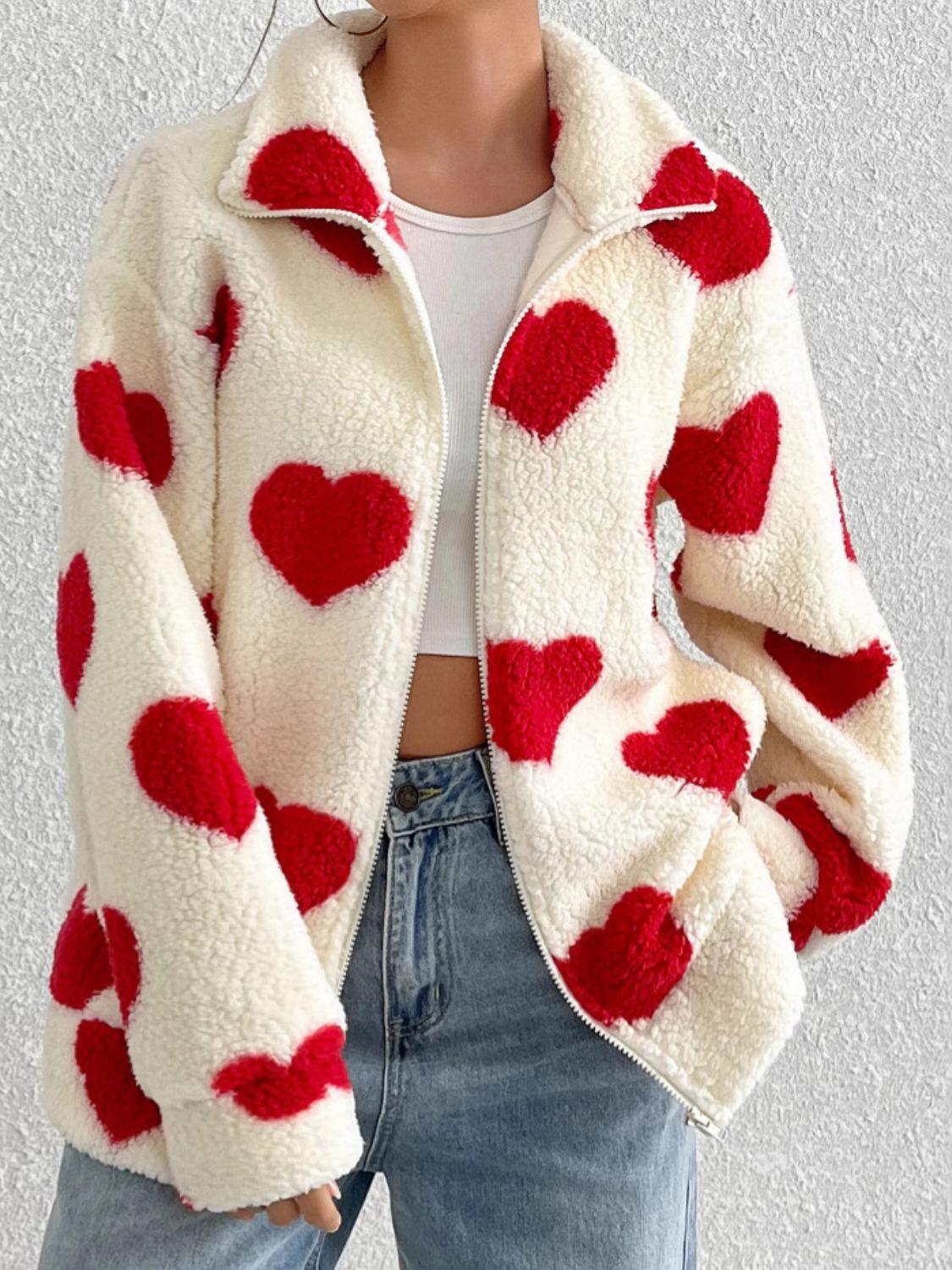 Heart Zip Up Drop Shoulder Furry Jacket - Trendy by Luna